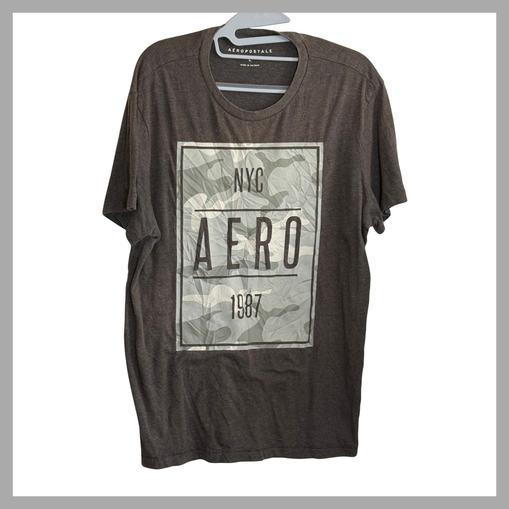 Aeropostale Mens Large Charcoal Gray NYC Aero 1987 Camo Graphic T-Shirt